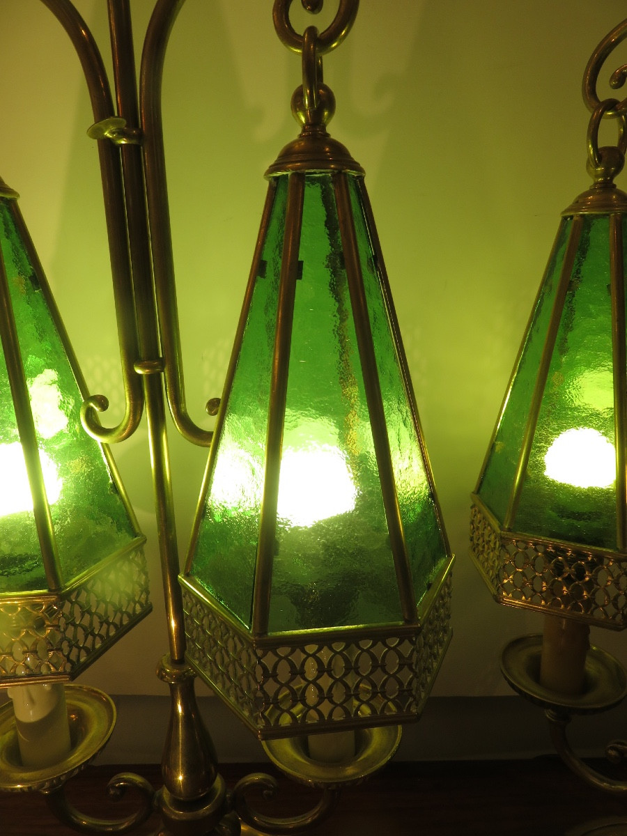 Paire de lampes en laiton et verres bullés et martelés  , à double feux ,  en forme de pagode -photo-6