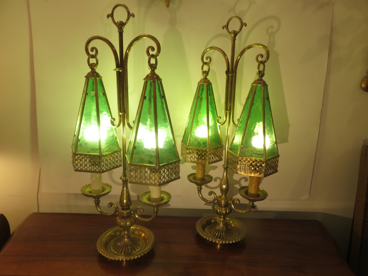 Paire de lampes en laiton et verres bullés et martelés  , à double feux ,  en forme de pagode -photo-8