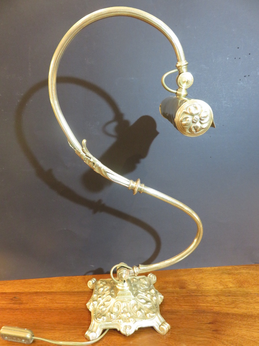 Art Nouveau Period Lamp, Height 53 Cm, Desk Or Piano Lamp In Bronze And Brass -photo-2