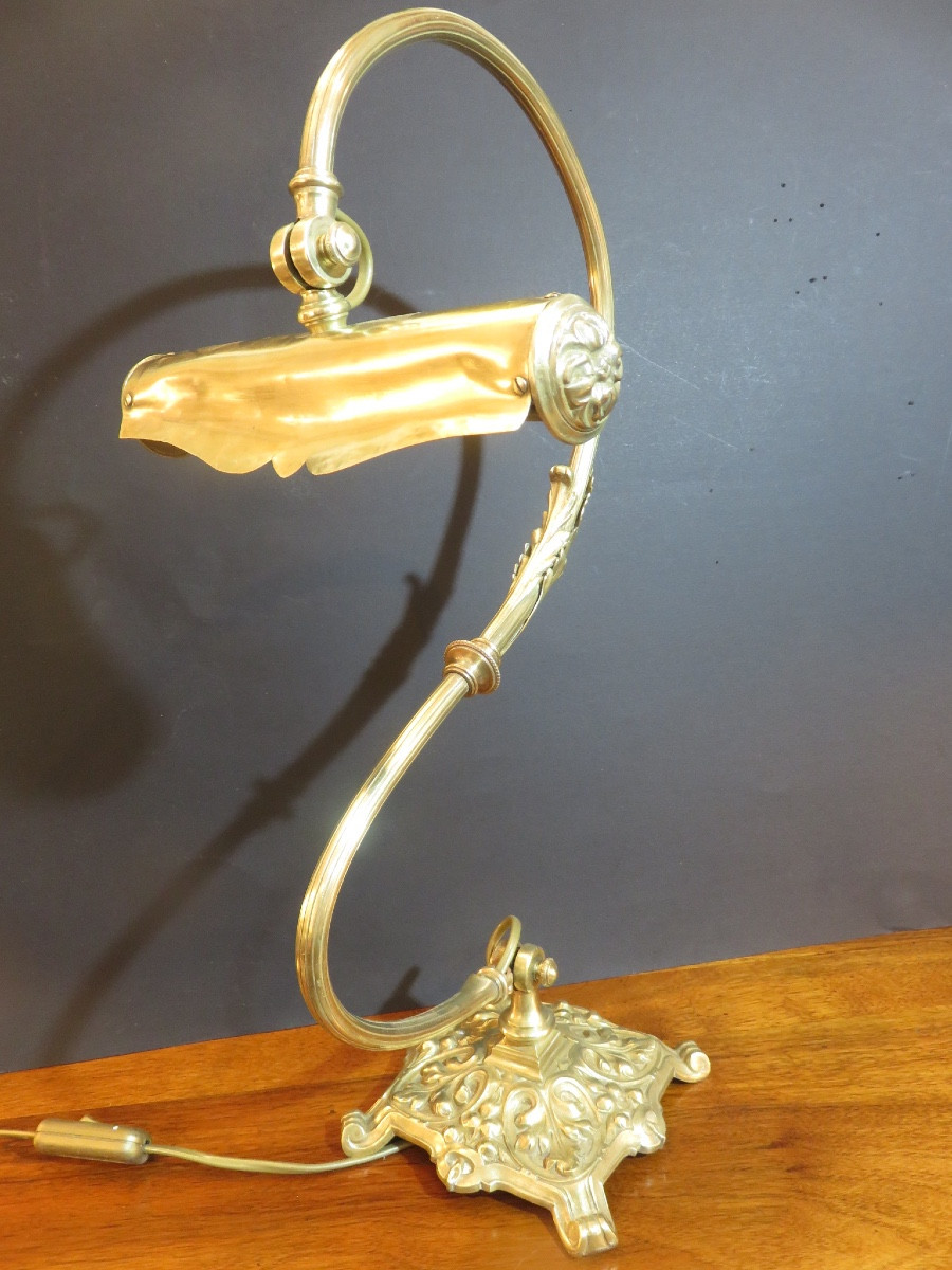Art Nouveau Period Lamp, Height 53 Cm, Desk Or Piano Lamp In Bronze And Brass -photo-4