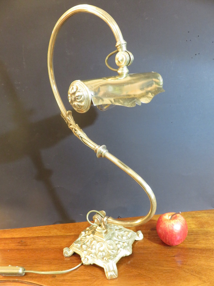 Art Nouveau Period Lamp, Height 53 Cm, Desk Or Piano Lamp In Bronze And Brass -photo-3