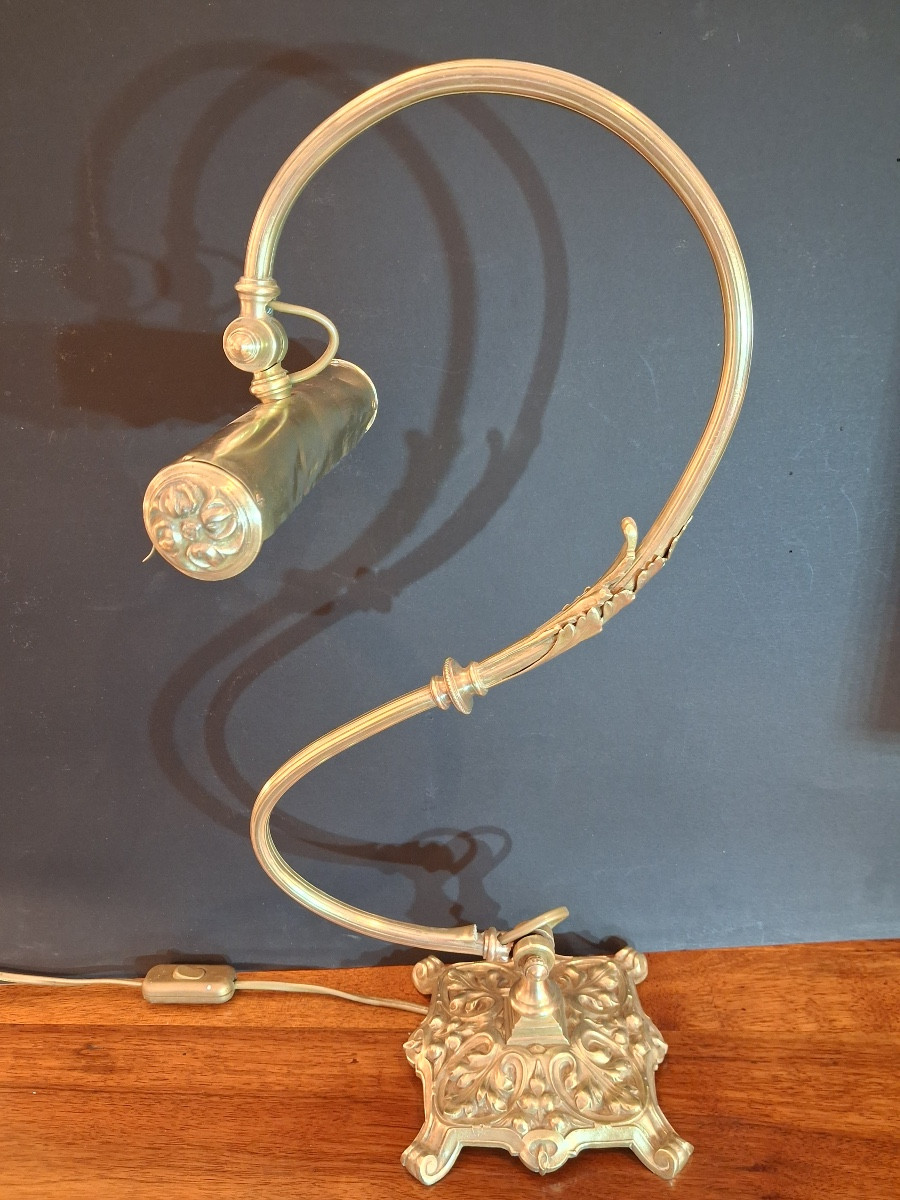 Art Nouveau Period Lamp, Height 53 Cm, Desk Or Piano Lamp In Bronze And Brass -photo-4