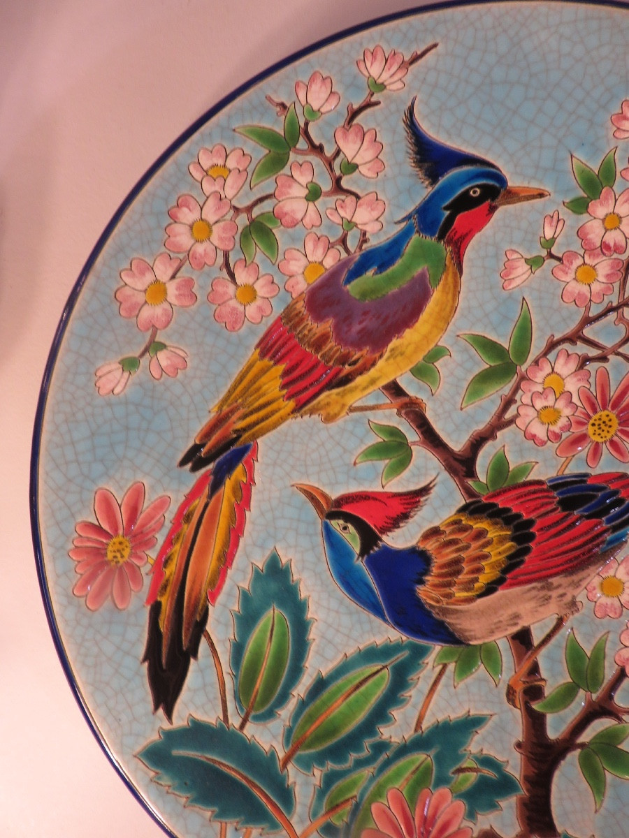 Plat en émaux de Longwy  ( diamètre 37 cm)  " Le Printemps fleuri " décor de MP Chevallier -photo-2