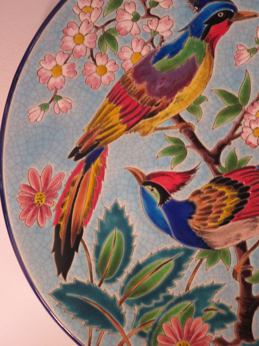 Plat en émaux de Longwy  ( diamètre 37 cm)  " Le Printemps fleuri " décor de MP Chevallier -photo-7