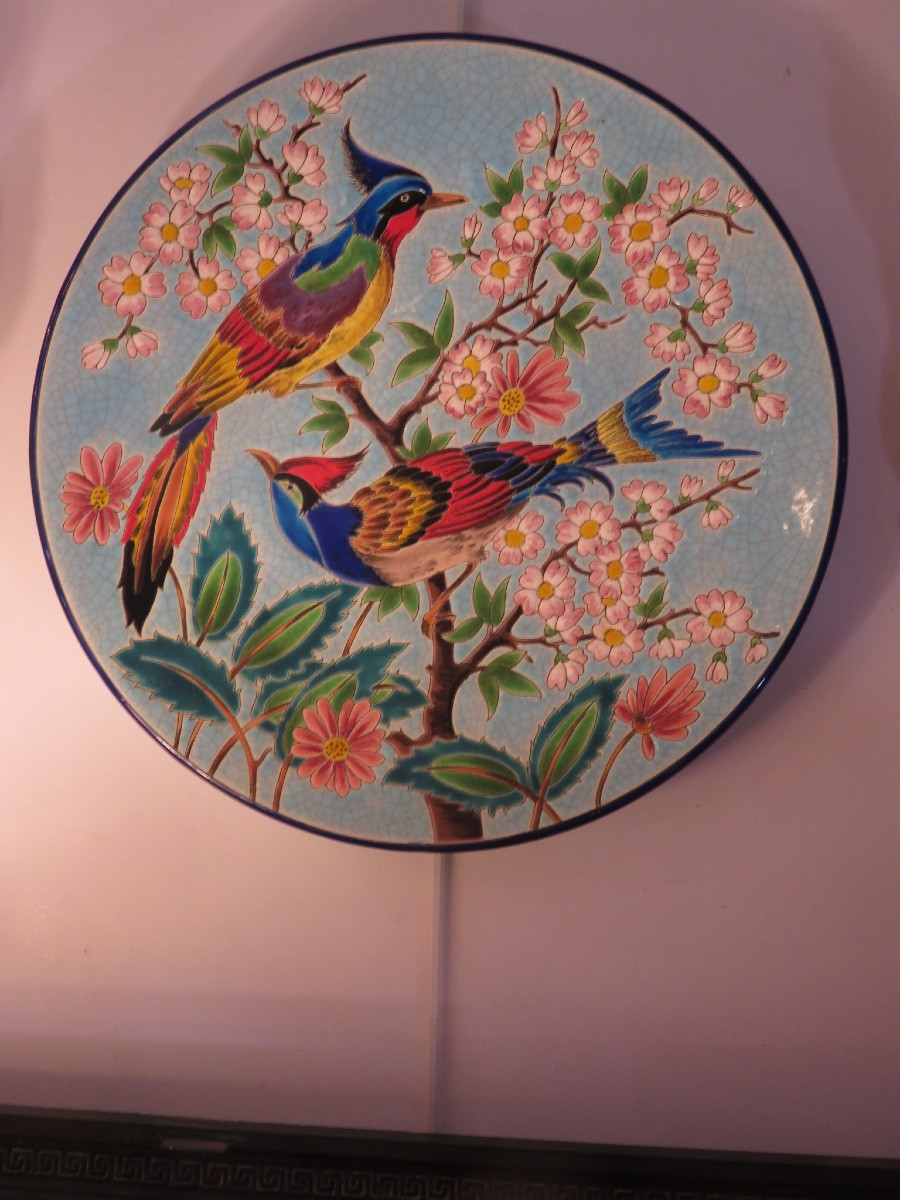 Plat en émaux de Longwy  ( diamètre 37 cm)  " Le Printemps fleuri " décor de MP Chevallier -photo-8