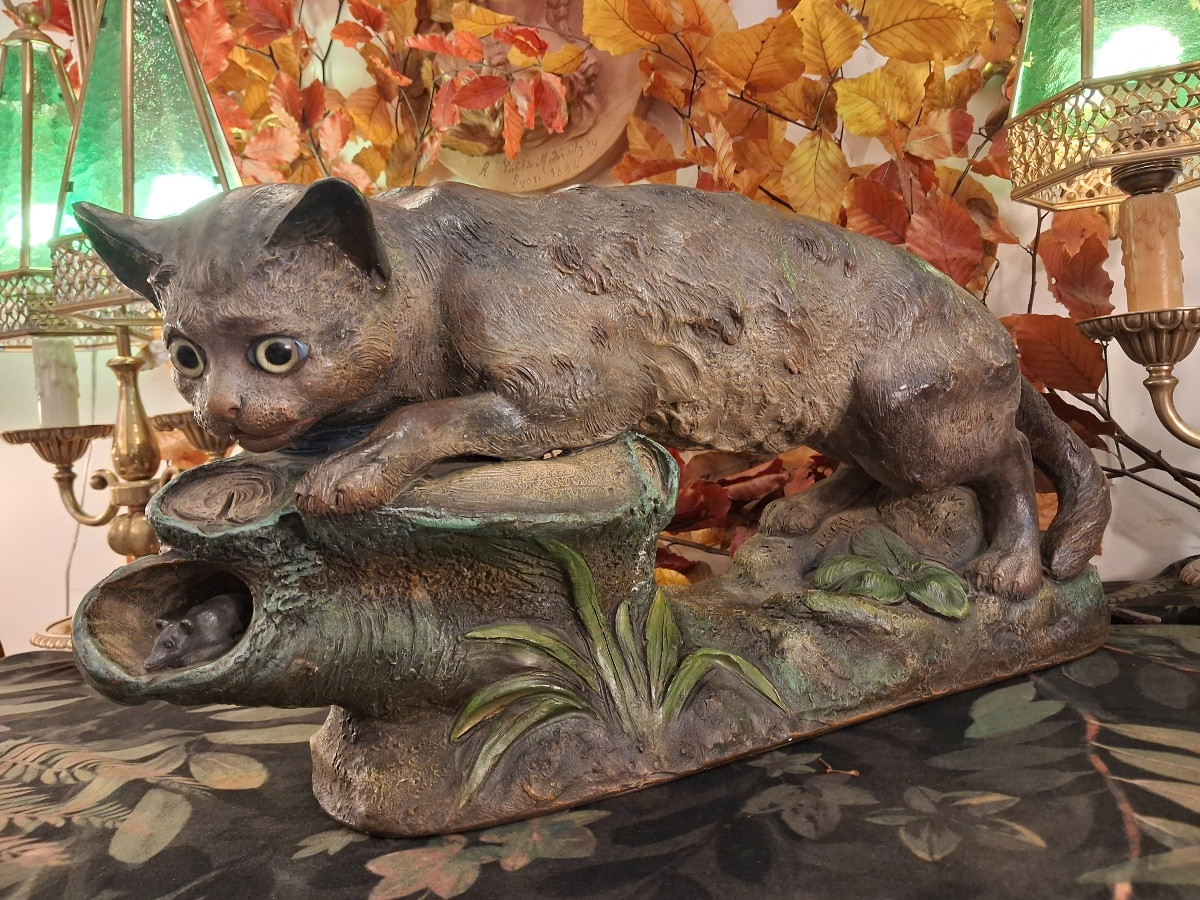 Sculpture Of A Cat And A Mouse, In Glazed Terracotta, Signed F. Foucher, Circa 1900-photo-2