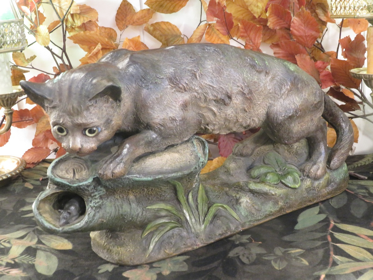 Sculpture Of A Cat And A Mouse, In Glazed Terracotta, Signed F. Foucher, Circa 1900-photo-7