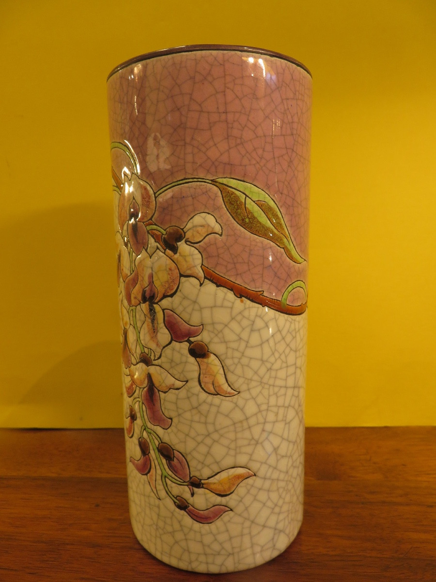Vase rouleau en émaux polychrome de Longwy , décor de fleurs , hauteur 20 cm parfait état -photo-2
