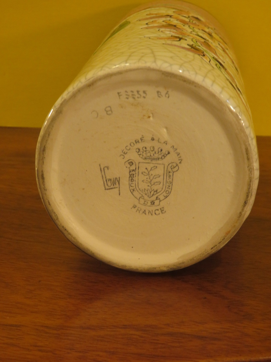 Vase rouleau en émaux polychrome de Longwy , décor de fleurs , hauteur 20 cm parfait état -photo-4