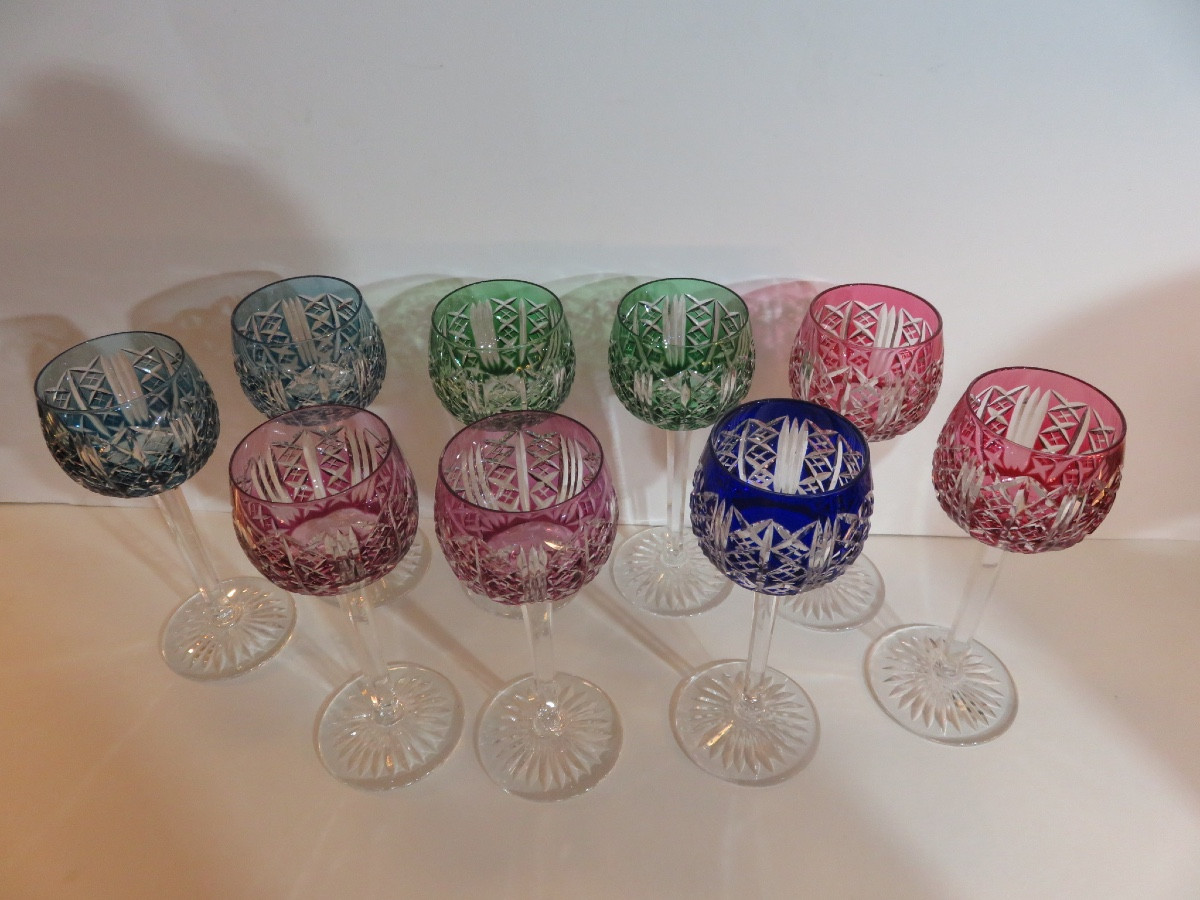 9 Colored Crystal Glasses From Saint Louis Factory , Riesling Pattern-photo-2