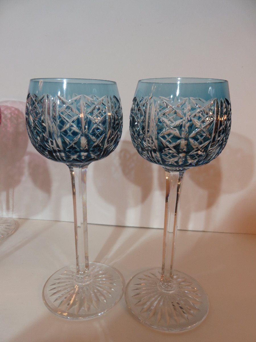 9 Colored Crystal Glasses From Saint Louis Factory , Riesling Pattern-photo-1