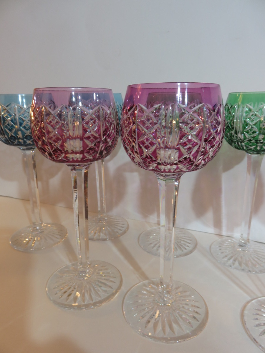 9 Colored Crystal Glasses From Saint Louis Factory , Riesling Pattern-photo-2