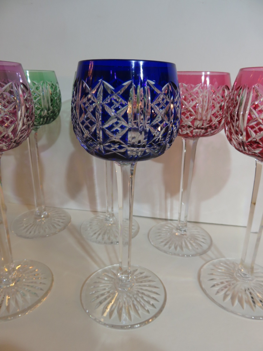 9 Colored Crystal Glasses From Saint Louis Factory , Riesling Pattern-photo-3