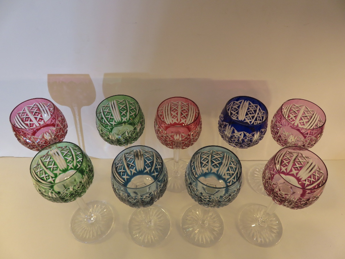 9 Colored Crystal Glasses From Saint Louis Factory , Riesling Pattern-photo-7