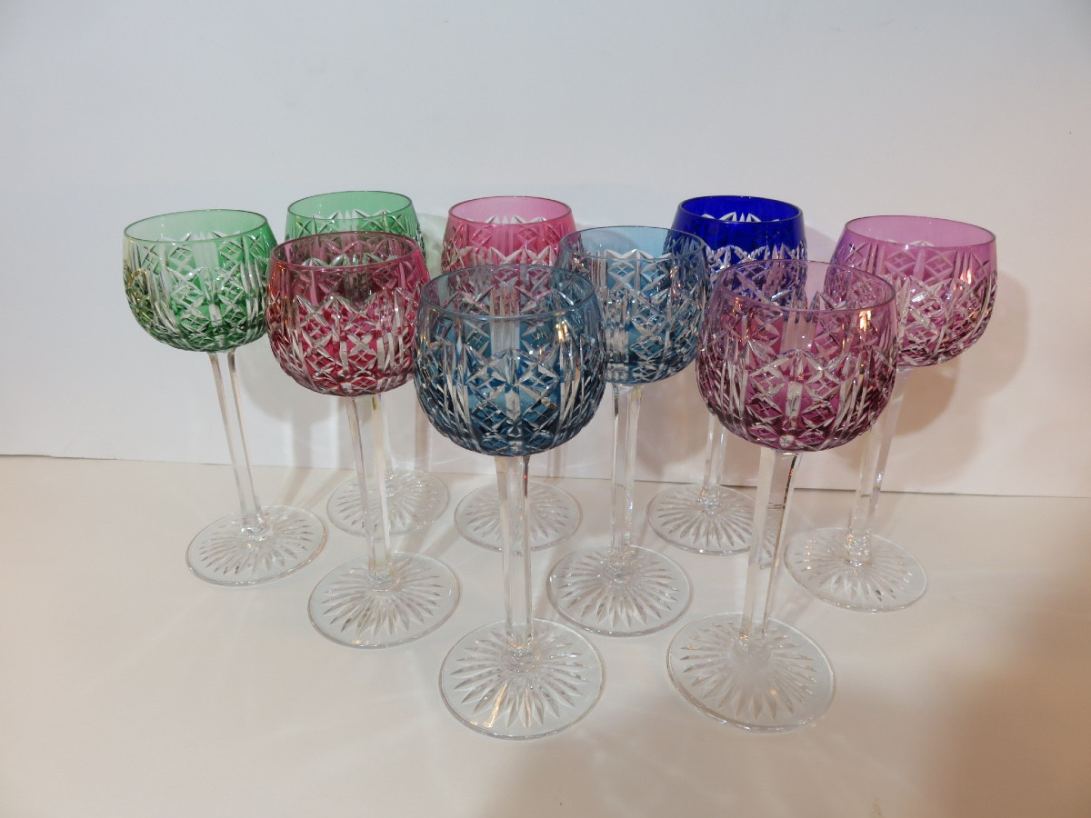 9 Colored Crystal Glasses From Saint Louis Factory , Riesling Pattern-photo-8