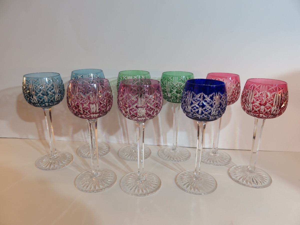 9 Colored Crystal Glasses From Saint Louis Factory , Riesling Pattern