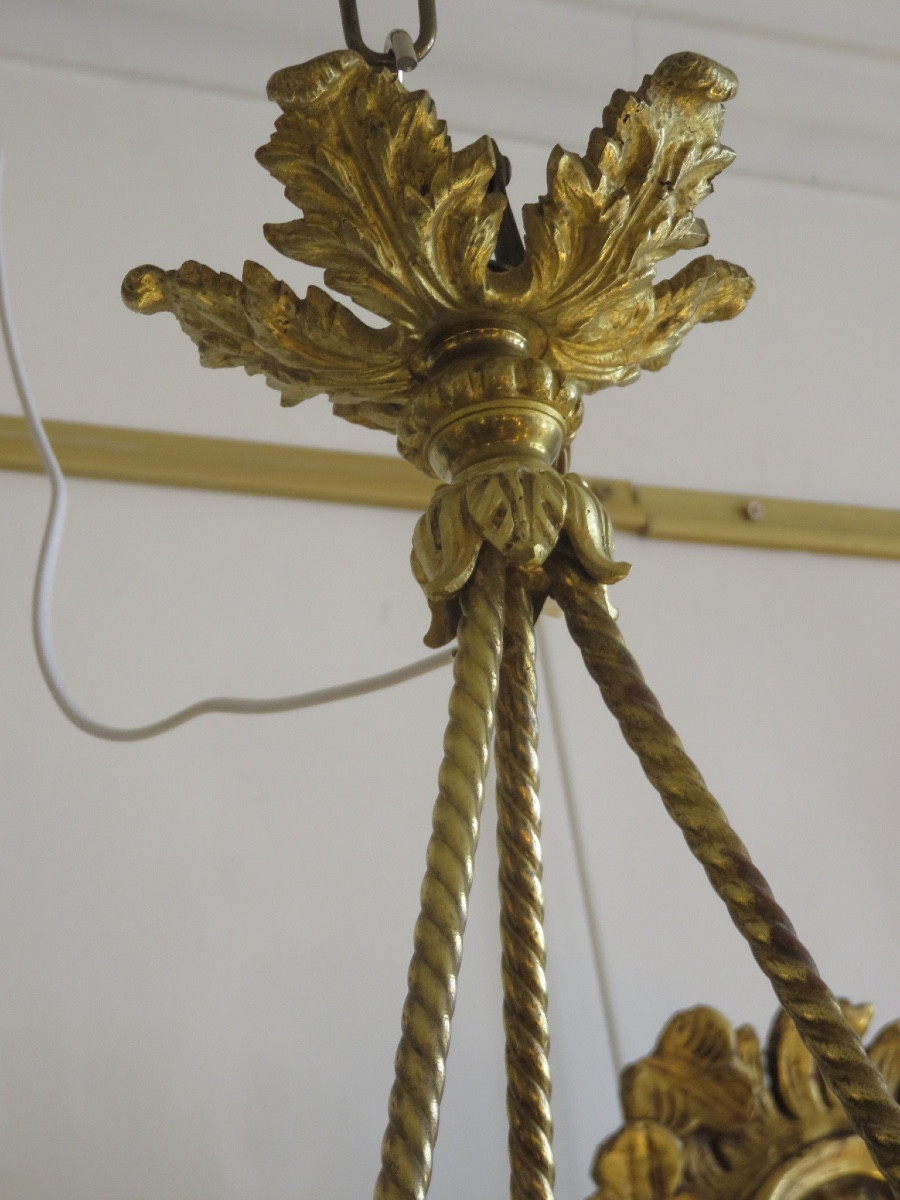 Three-light Bronze Chandelier With Three Openwork Panels Decorated With Biscuit Porcelain Medallions -photo-3