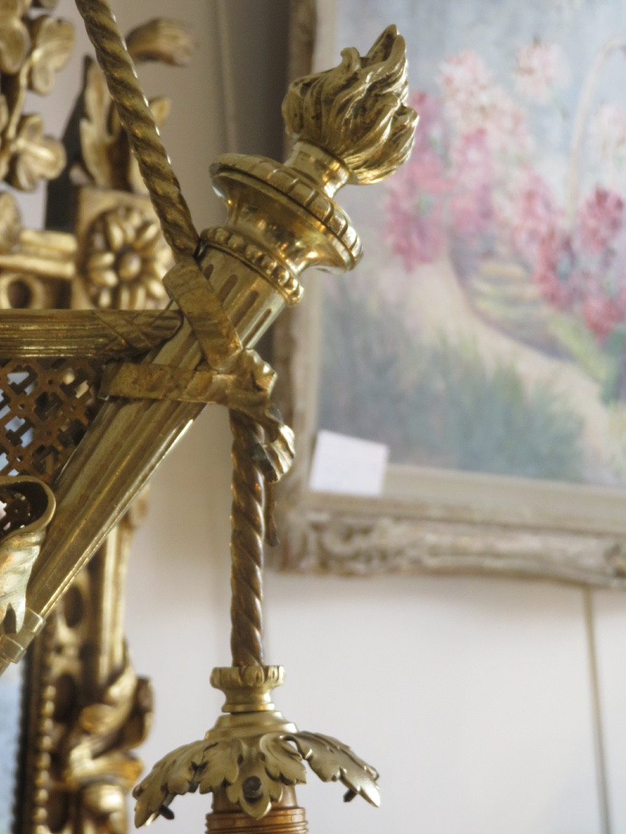 Three-light Bronze Chandelier With Three Openwork Panels Decorated With Biscuit Porcelain Medallions -photo-7