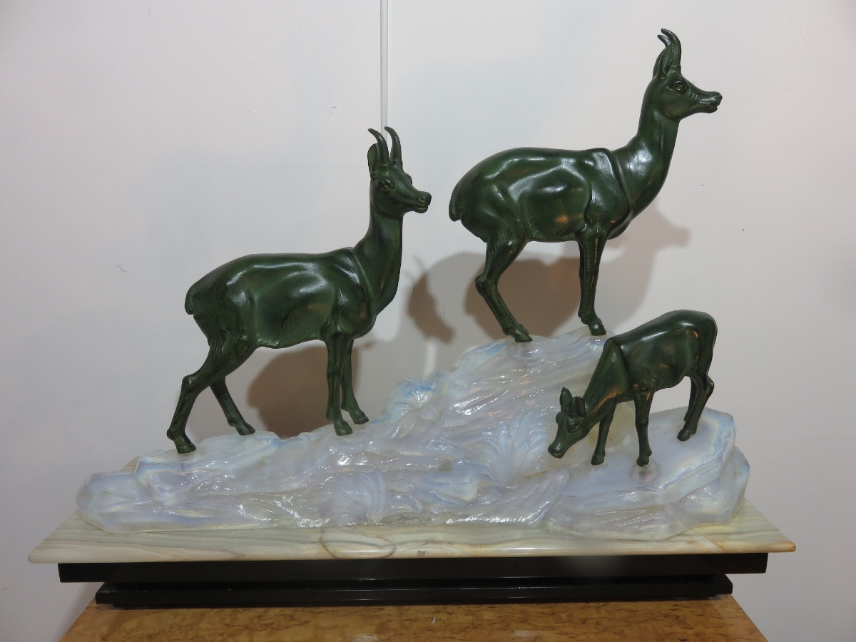 Night Lamp Attributed To Fritz Diller (1875-1945), Chamois Family, In Spelter And Marble-photo-2