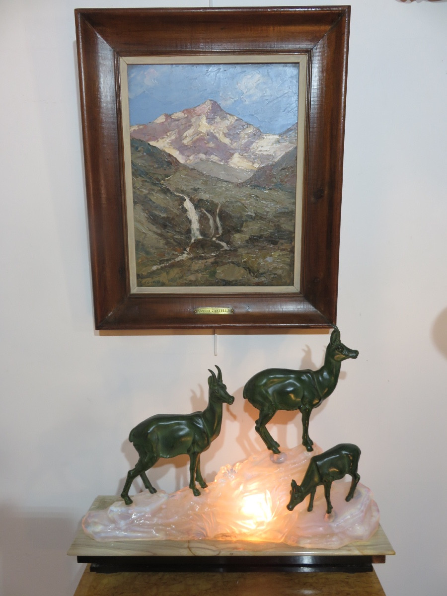 Night Lamp Attributed To Fritz Diller (1875-1945), Chamois Family, In Spelter And Marble-photo-8