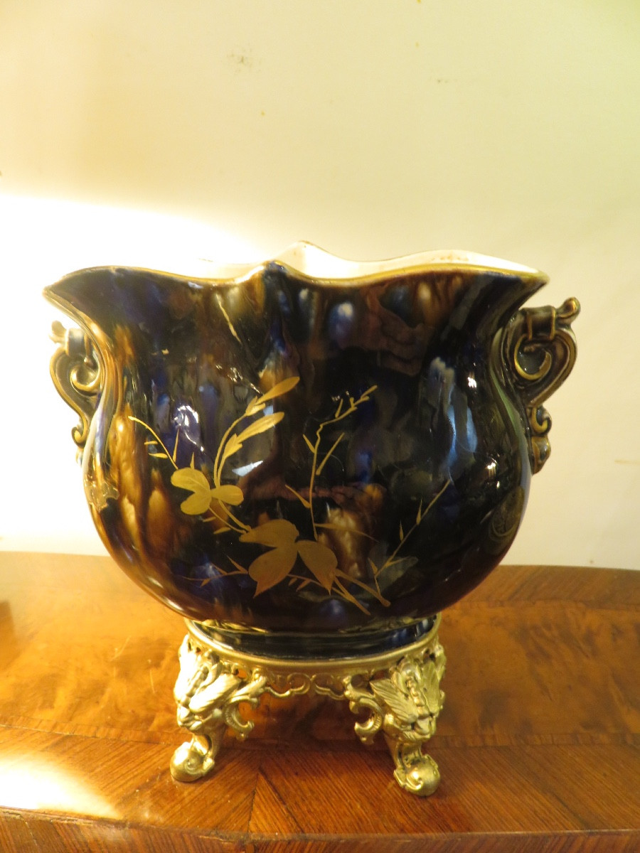 Jardinière en faïence bleu de four dorée or fin ,monture en bronze doré , tête de lion  XIX ème-photo-2