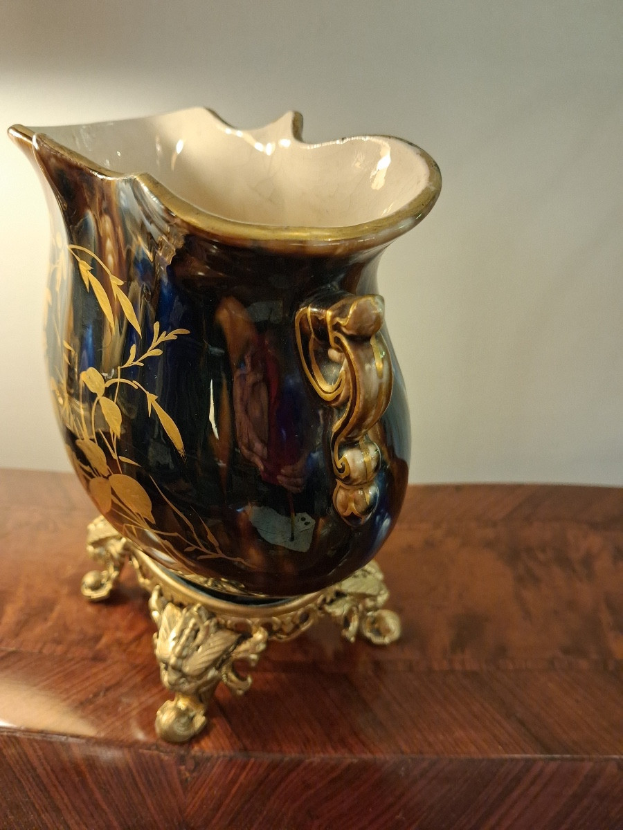Jardinière en faïence bleu de four dorée or fin ,monture en bronze doré , tête de lion  XIX ème-photo-1