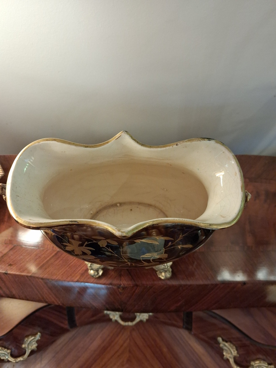 Jardinière en faïence bleu de four dorée or fin ,monture en bronze doré , tête de lion  XIX ème-photo-2