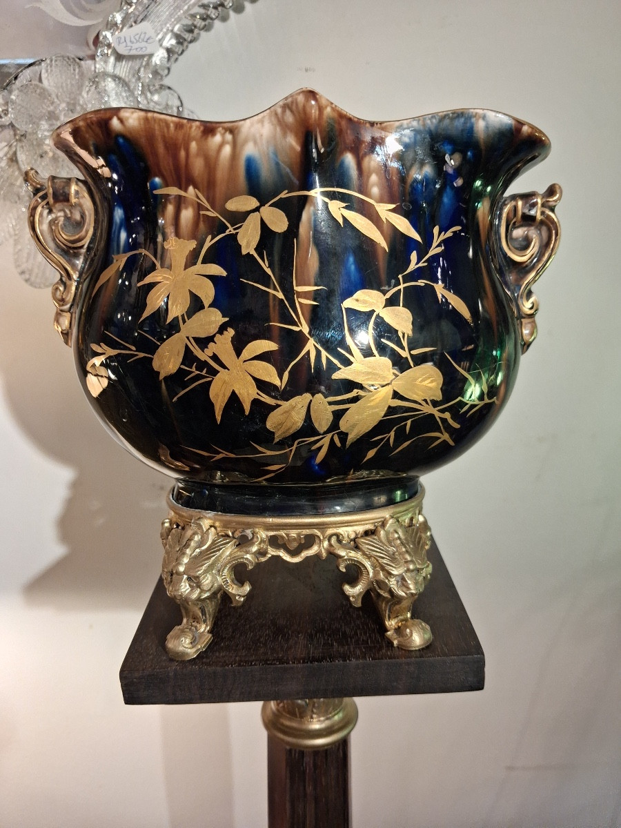 Jardinière en faïence bleu de four dorée or fin ,monture en bronze doré , tête de lion  XIX ème-photo-5