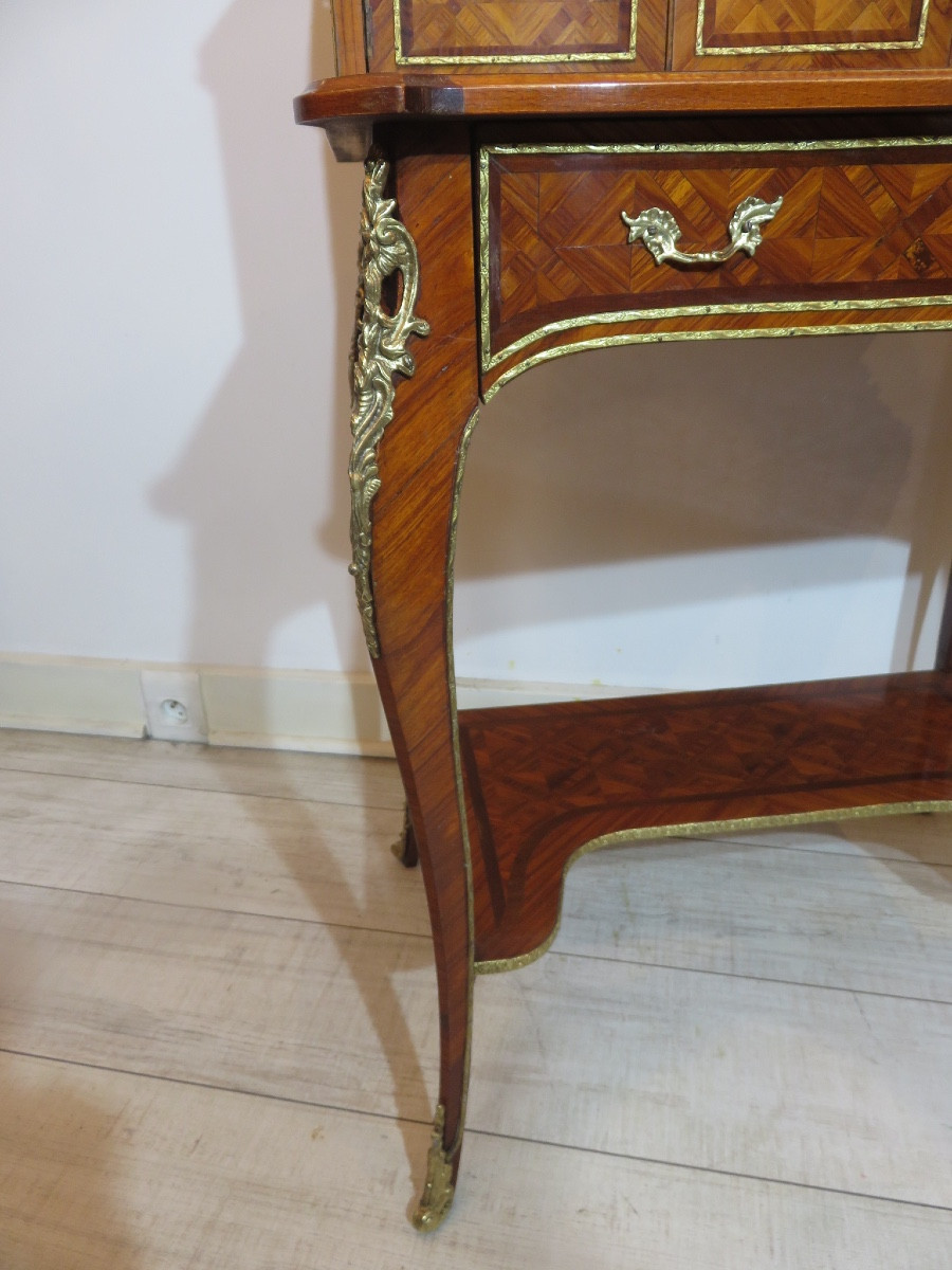 Bonheur du jour en marqueterie sur  quatre faces , de style Louis XV  , époque XXème -photo-4