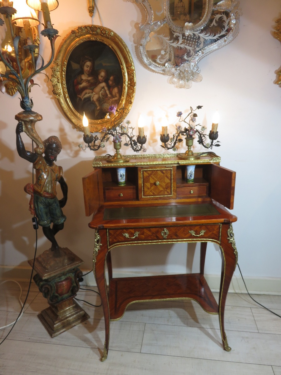 Bonheur du jour en marqueterie sur  quatre faces , de style Louis XV  , époque XXème -photo-8