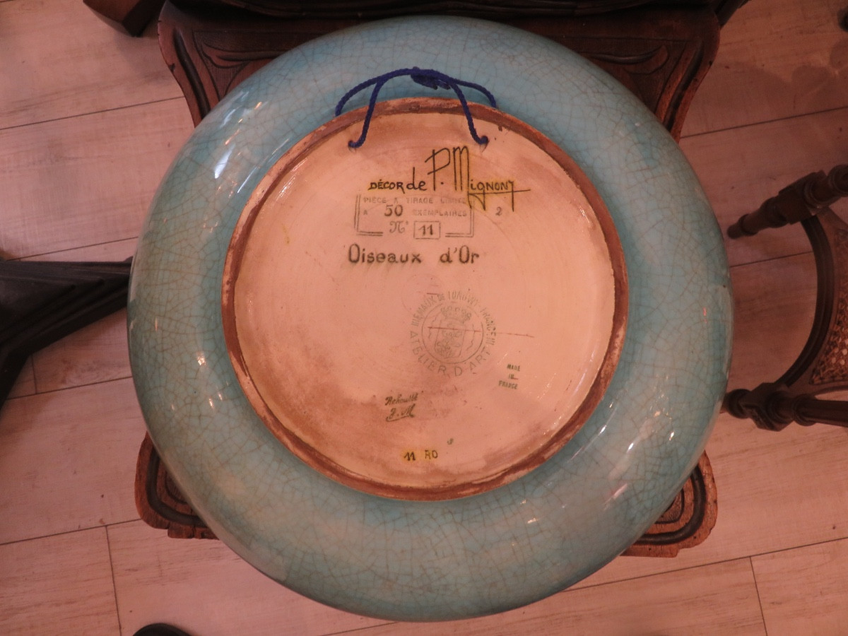 Longwy grand plat creux , " OISEAUX D' 0R " signé de P Mignon , Atelier d'art ,  édition limité-photo-4