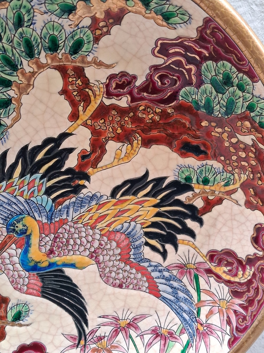 Longwy grand plat creux , " OISEAUX D' 0R " signé de P Mignon , Atelier d'art ,  édition limité-photo-2