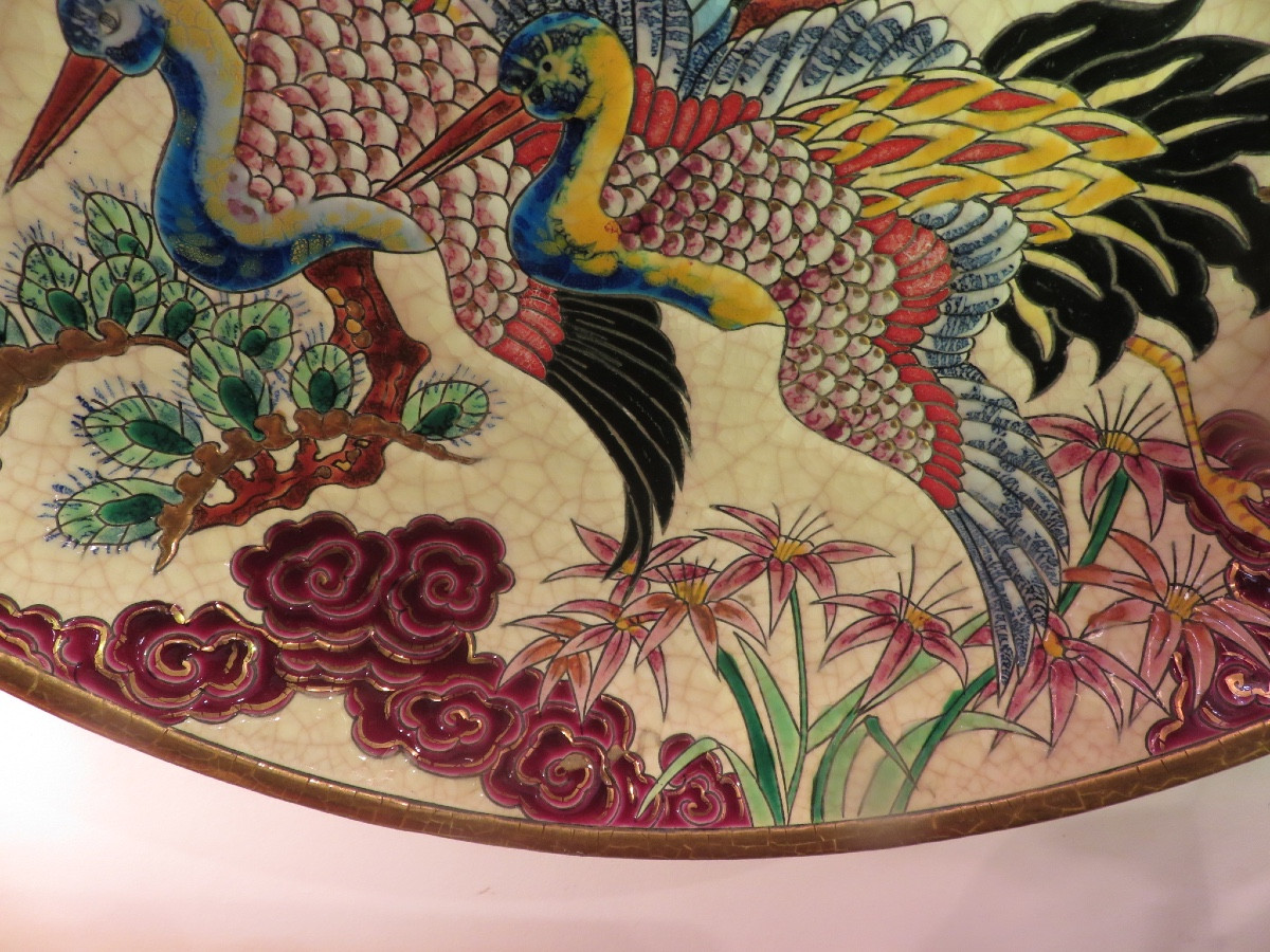 Longwy grand plat creux , " OISEAUX D' 0R " signé de P Mignon , Atelier d'art ,  édition limité-photo-1