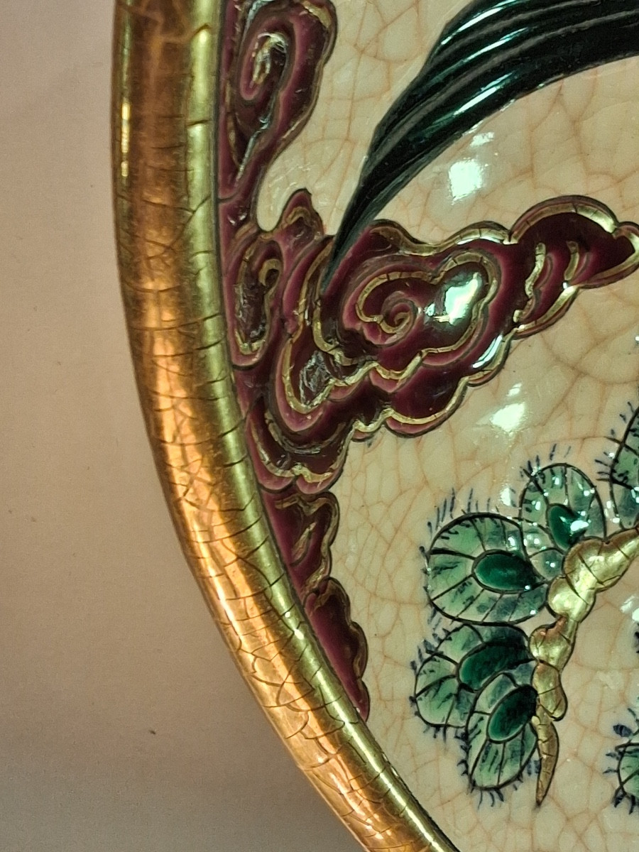 Longwy grand plat creux , " OISEAUX D' 0R " signé de P Mignon , Atelier d'art ,  édition limité-photo-2