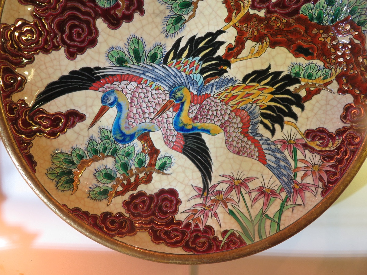 Longwy grand plat creux , " OISEAUX D' 0R " signé de P Mignon , Atelier d'art ,  édition limité-photo-4