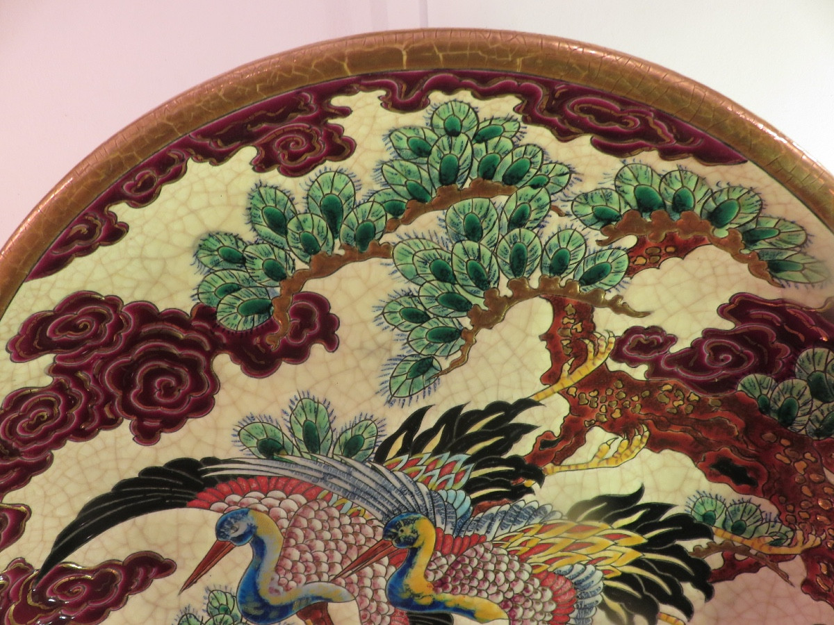 Longwy grand plat creux , " OISEAUX D' 0R " signé de P Mignon , Atelier d'art ,  édition limité-photo-5