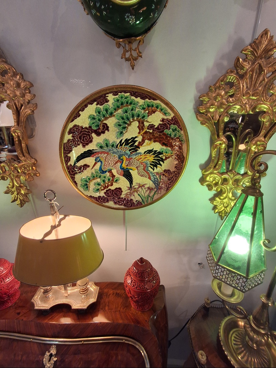 Longwy grand plat creux , " OISEAUX D' 0R " signé de P Mignon , Atelier d'art ,  édition limité-photo-8