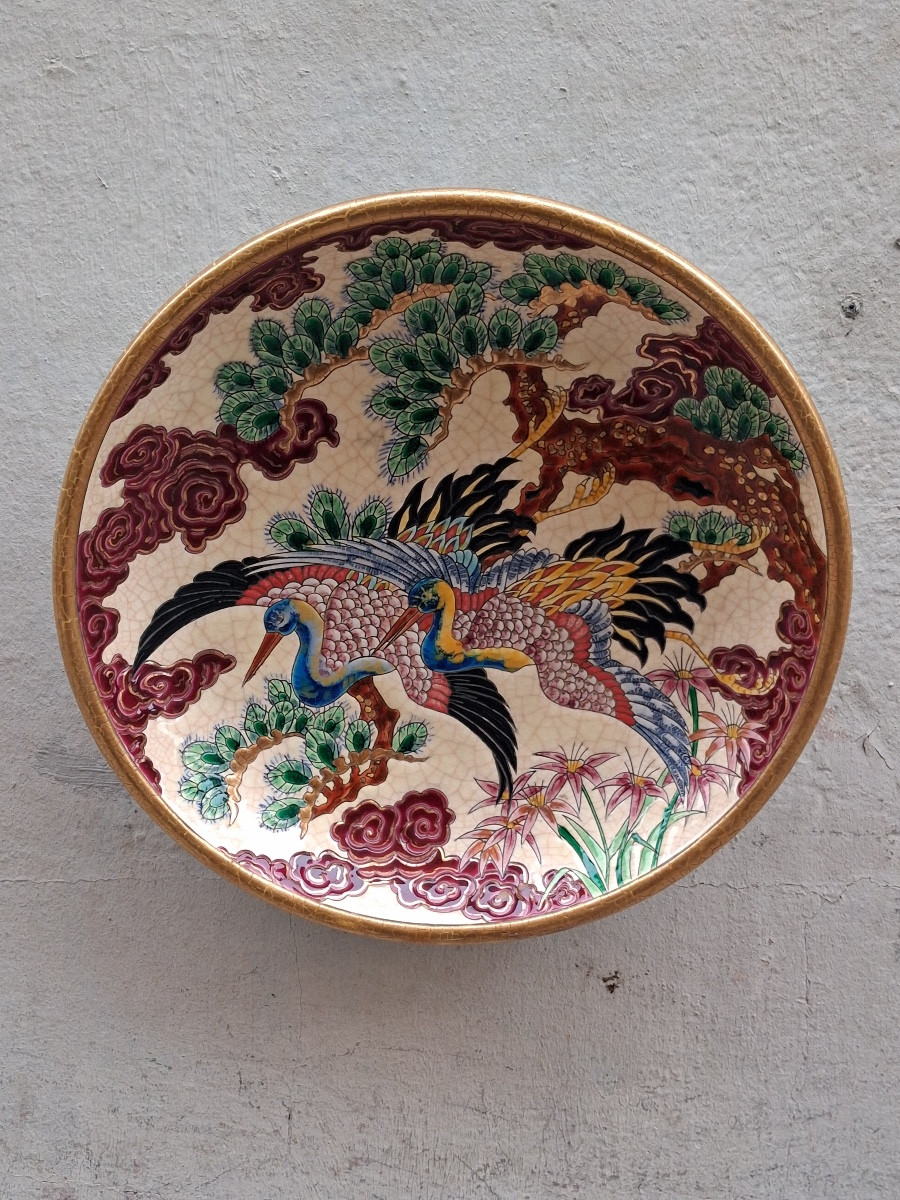 Longwy grand plat creux , " OISEAUX D' 0R " signé de P Mignon , Atelier d'art ,  édition limité