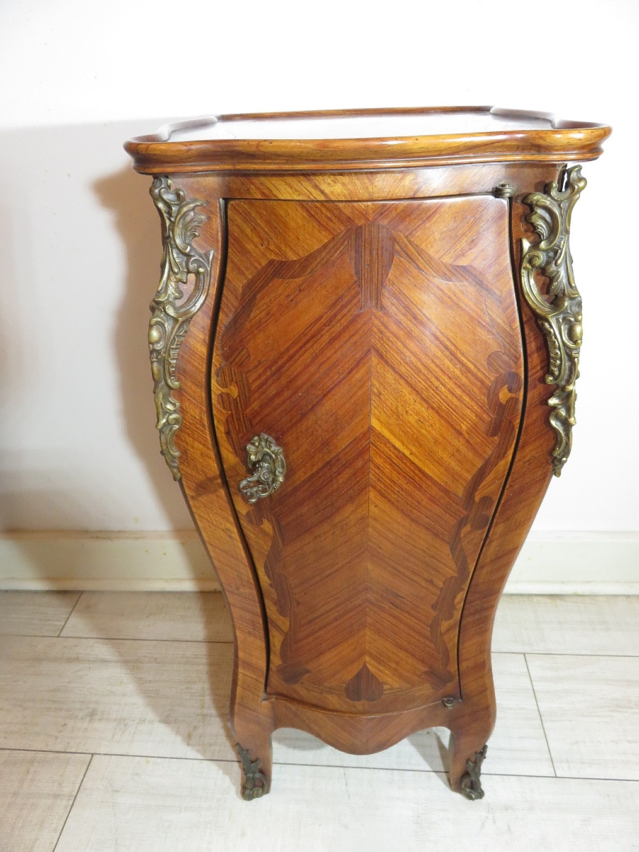 Curved Side Table Or Bedside Table, In Marquetry On Four Sides, Interior With Seven Drawers -photo-2
