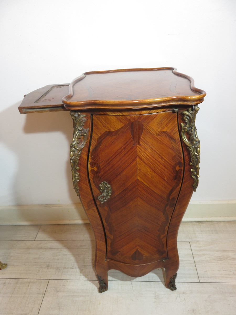 Curved Side Table Or Bedside Table, In Marquetry On Four Sides, Interior With Seven Drawers -photo-3