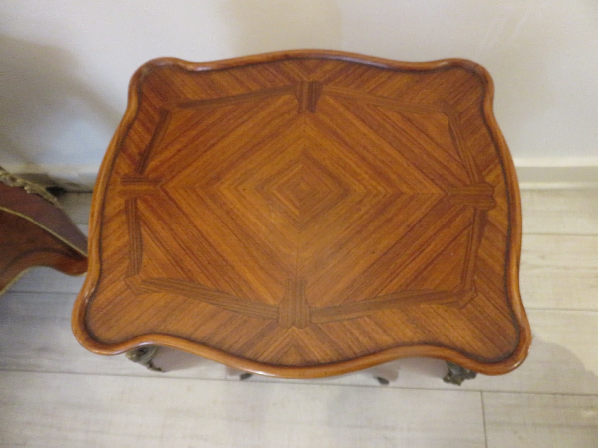 Curved Side Table Or Bedside Table, In Marquetry On Four Sides, Interior With Seven Drawers -photo-1