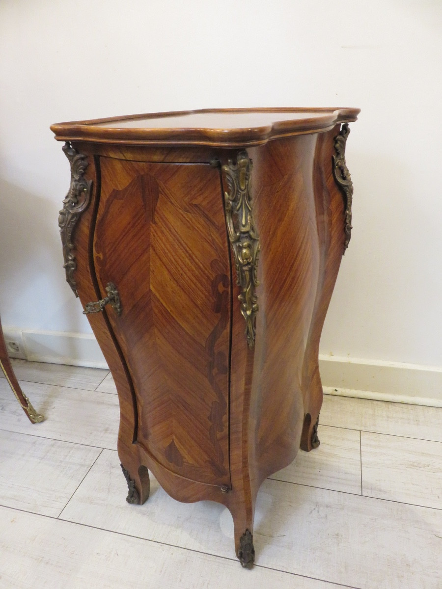 Curved Side Table Or Bedside Table, In Marquetry On Four Sides, Interior With Seven Drawers -photo-3