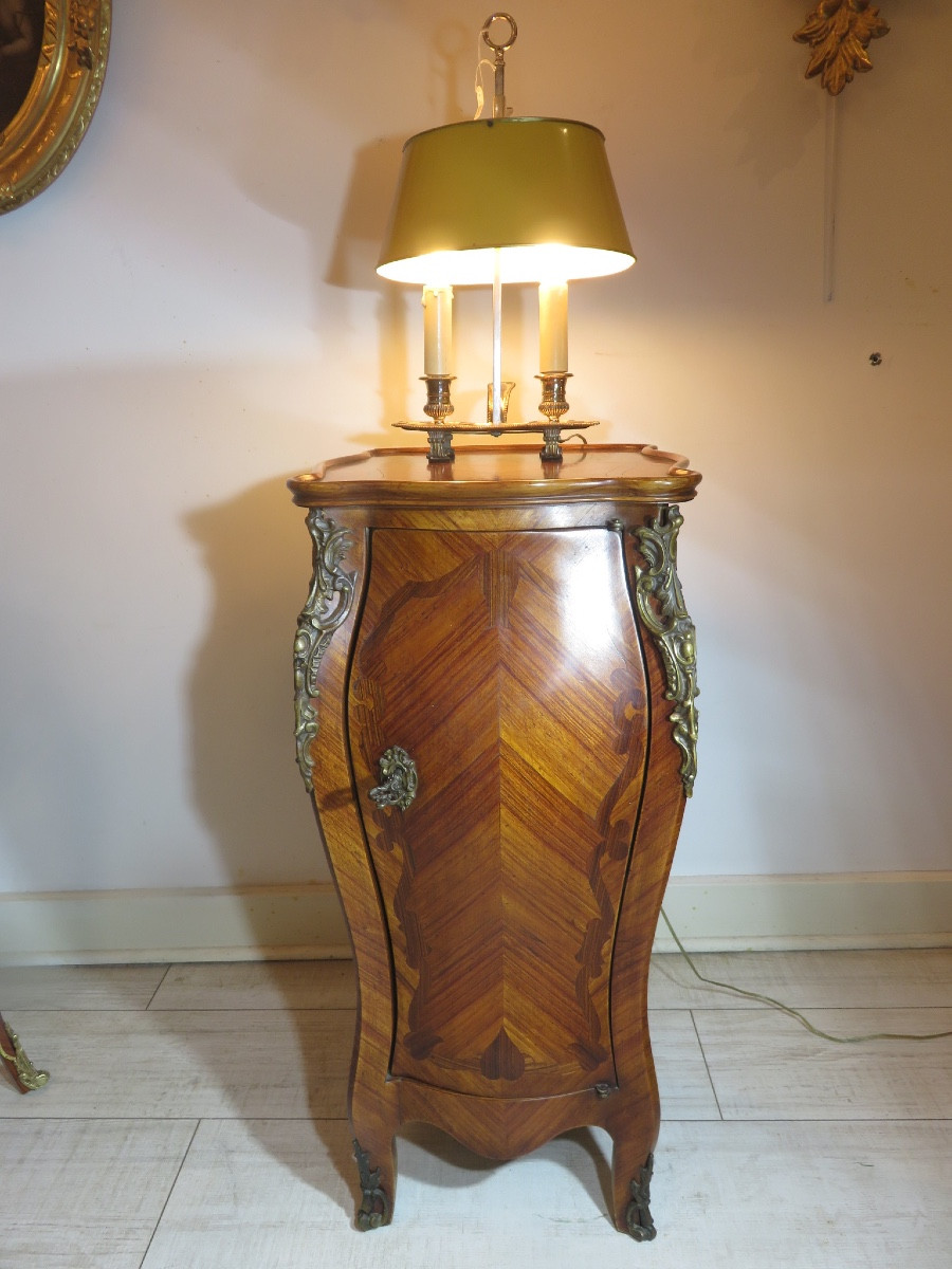 Curved Side Table Or Bedside Table, In Marquetry On Four Sides, Interior With Seven Drawers -photo-5