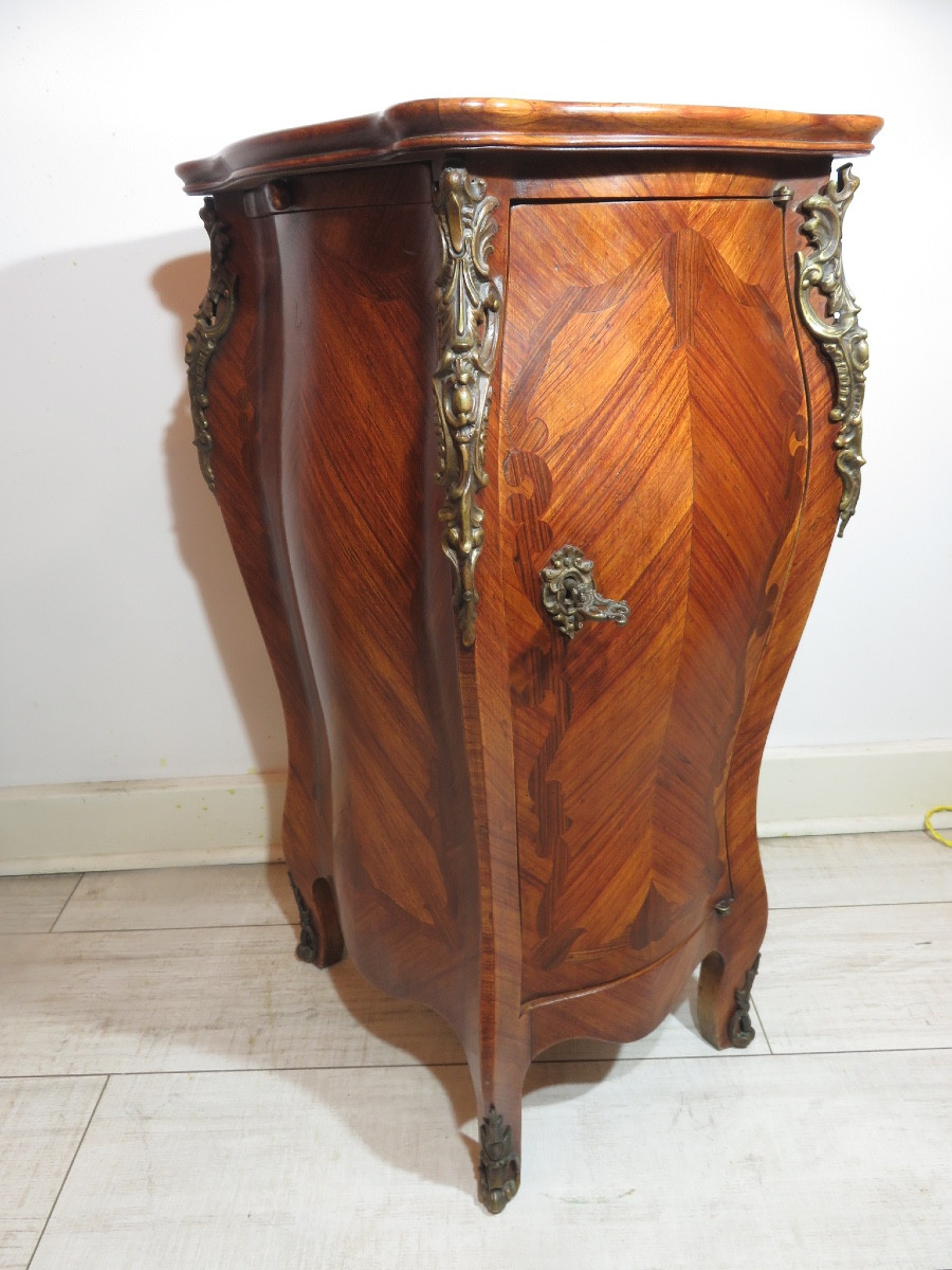 Curved Side Table Or Bedside Table, In Marquetry On Four Sides, Interior With Seven Drawers 
