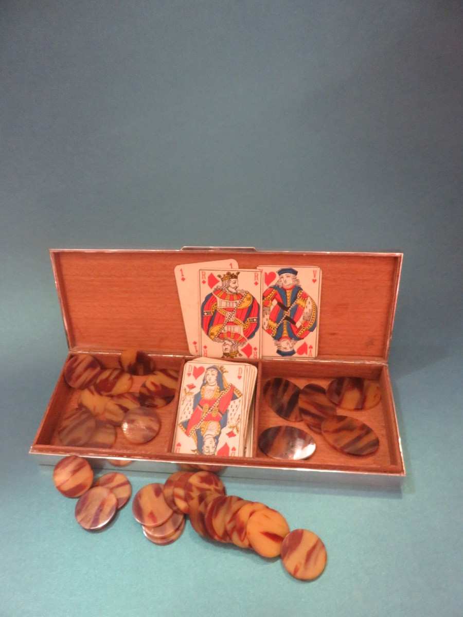 Coffret en métal argenté , intérieur à compartiments signé Crevillen Paris -photo-4