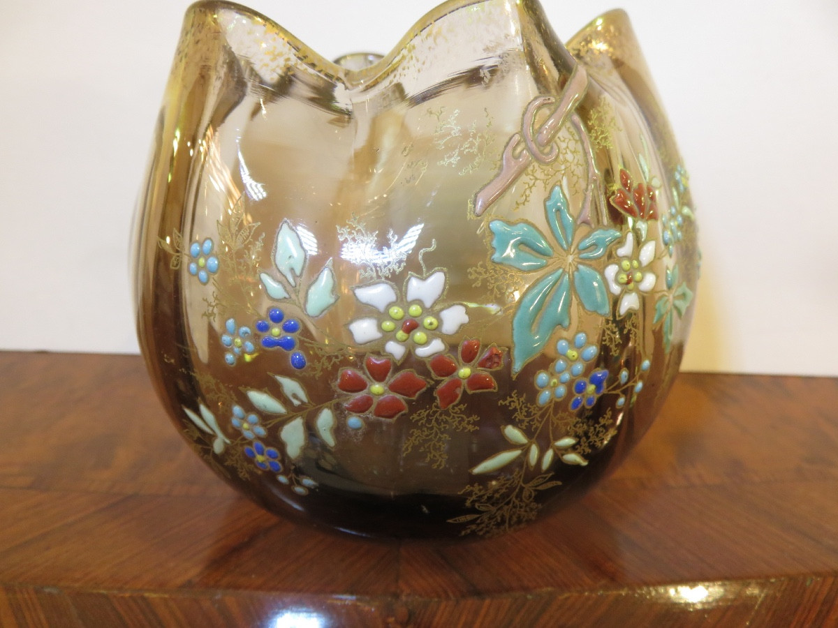 Vase boule de couleur jaune ,  à décor émaillé de fleurs ,dans le goût de Legras -photo-2