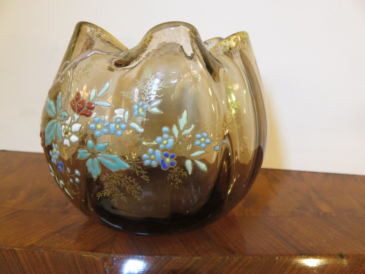 Vase boule de couleur jaune ,  à décor émaillé de fleurs ,dans le goût de Legras -photo-3