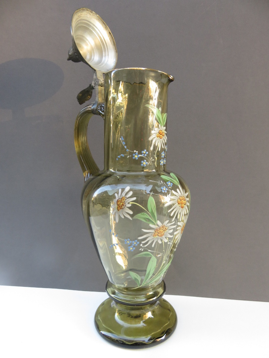 Aiguière en verre soufflé ,décor émaillé d'edelweiss et myosotis couvercle en étain début XXème-photo-2