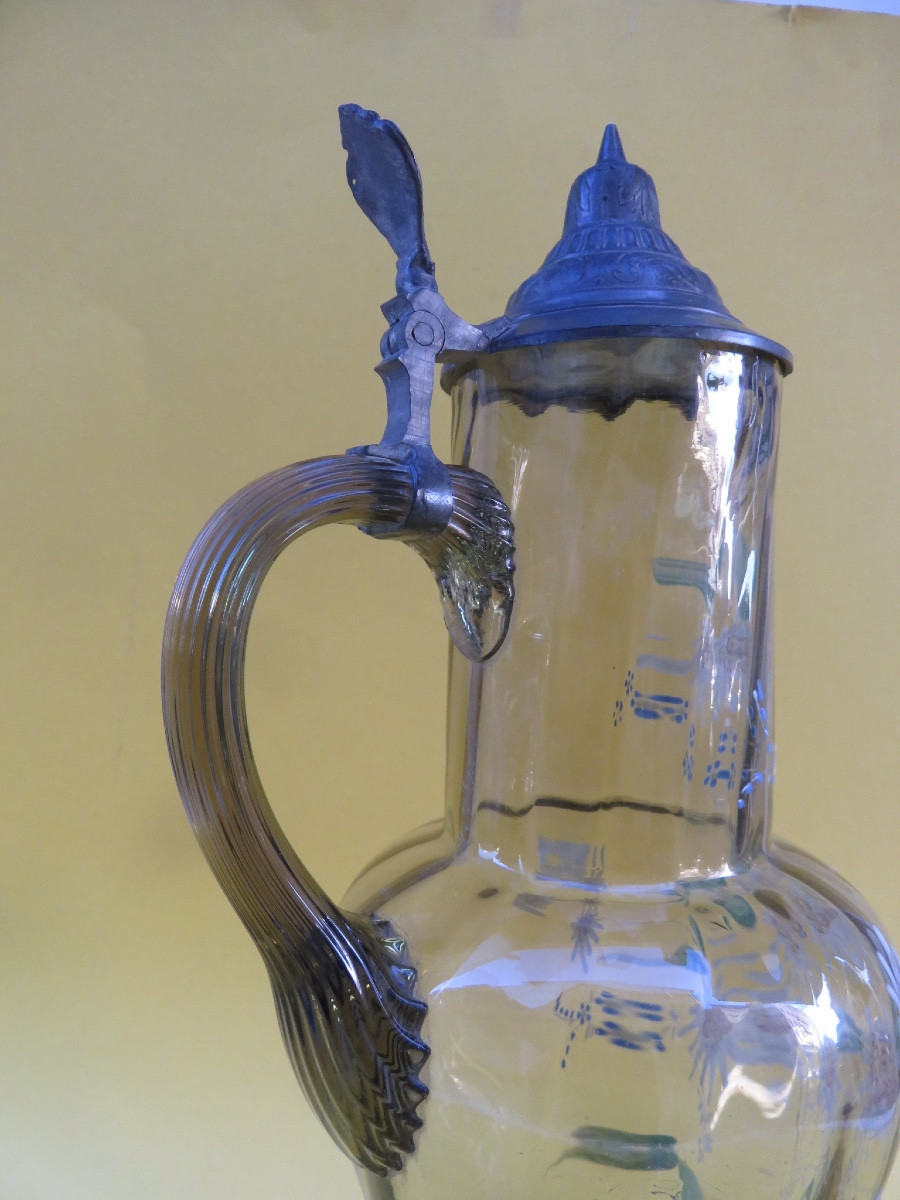 Aiguière en verre soufflé ,décor émaillé d'edelweiss et myosotis couvercle en étain début XXème-photo-3