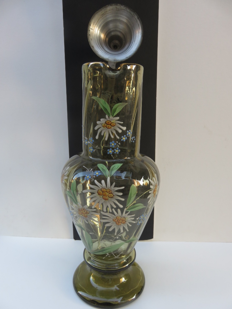 Aiguière en verre soufflé ,décor émaillé d'edelweiss et myosotis couvercle en étain début XXème-photo-4